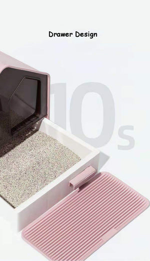 L Portable Hooded Cat Toilet Litter Box Tray House with Drawer and Scoop | Pink