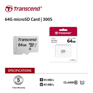 TRANSCEND TS64GUSD300S 64GB UHS-I U1 microSD w/o Adapter (microSDHC I, C10, U1)