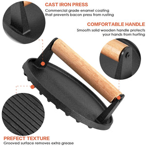 Heavy Duty Round Cast Iron Grill Burger Press | Pre-Seasoned | Ideal for BBQ Grilling
