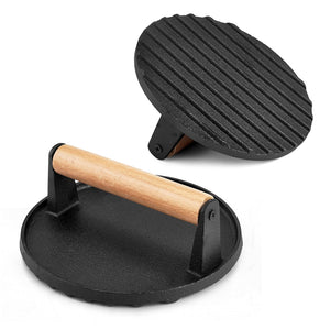 Heavy Duty Round Cast Iron Grill Burger Press | Pre-Seasoned | Ideal for BBQ Grilling