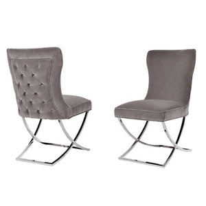 Dining Chairs | 2X | Grey Fabric Upholstery | Beautiful Quilting | Shiny Silver Legs