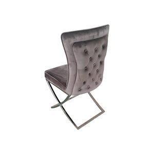 Dining Chairs | 2X | Grey Fabric Upholstery | Beautiful Quilting | Shiny Silver Legs