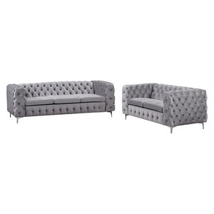 Grey Velvet 3+2 Seater Classic Button Sofa Lounge