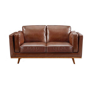 3+2 Seater Brown Leather Sofa Lounge Set With Wooden Frame