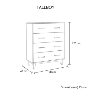 Tallboy with 4 Drawers | Solid Wood | Light Brown