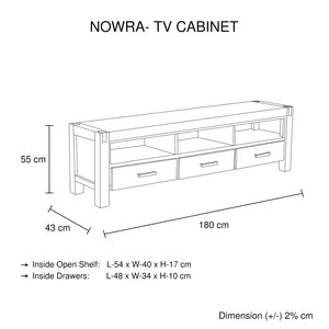 TV Cabinet with 3 Storage Drawers | Solid Acacia Wooden Frame | Chocolate Colour