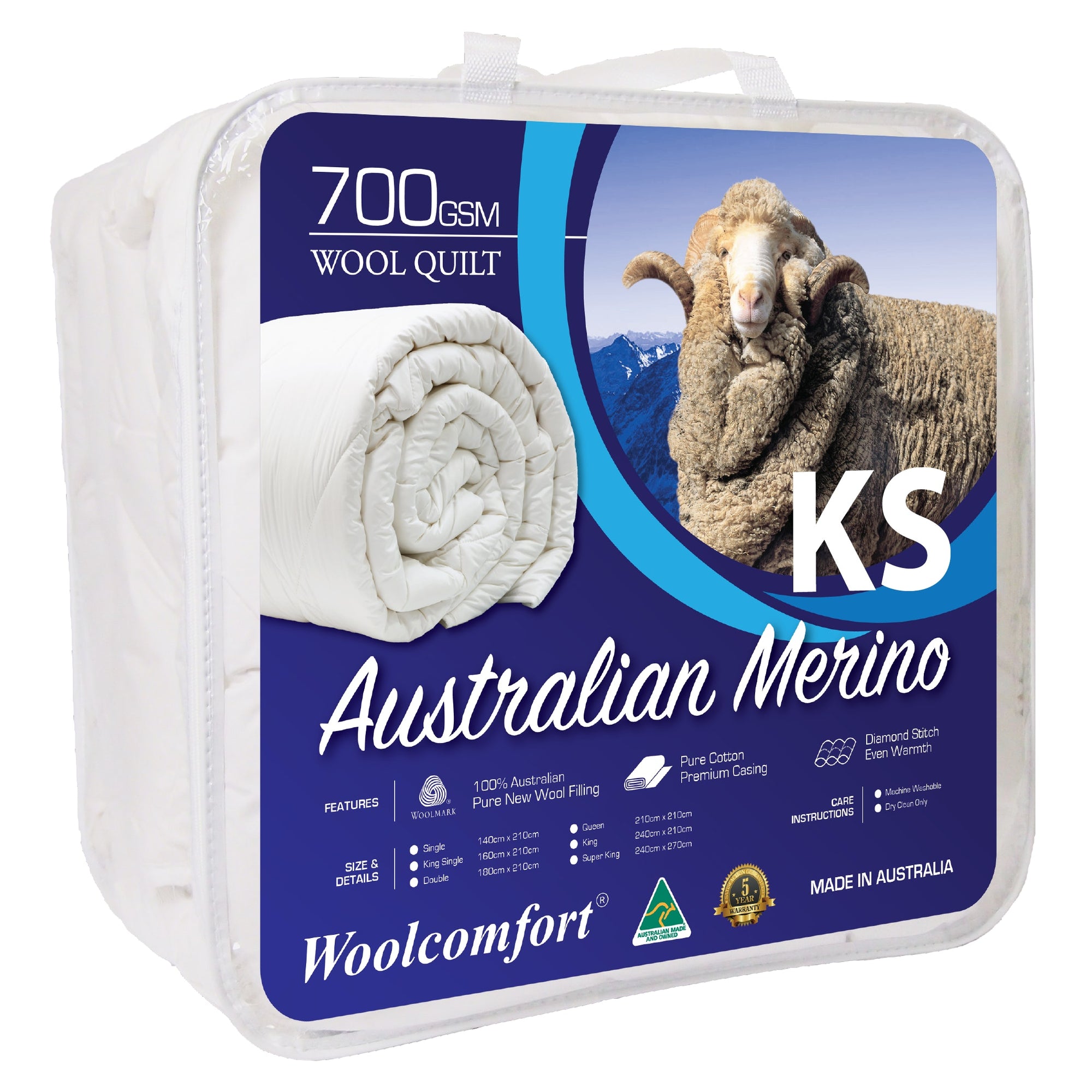 Woolcomfort Aus Made Merino Wool Quilt 700GSM - King Single Size (160x210cm)