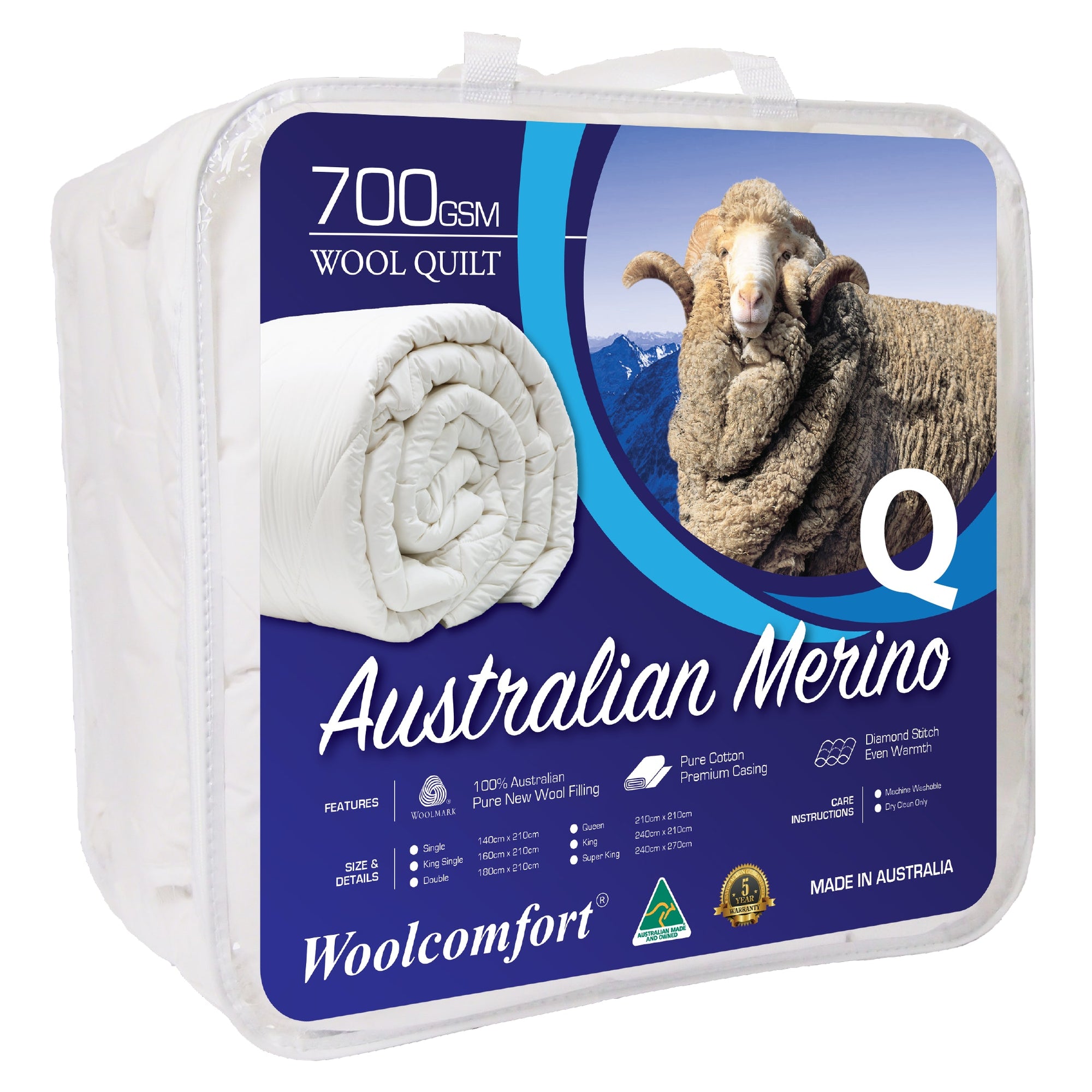 Woolcomfort Aus Made Merino Wool Quilt 700GSM - Queen Size (210x210cm)