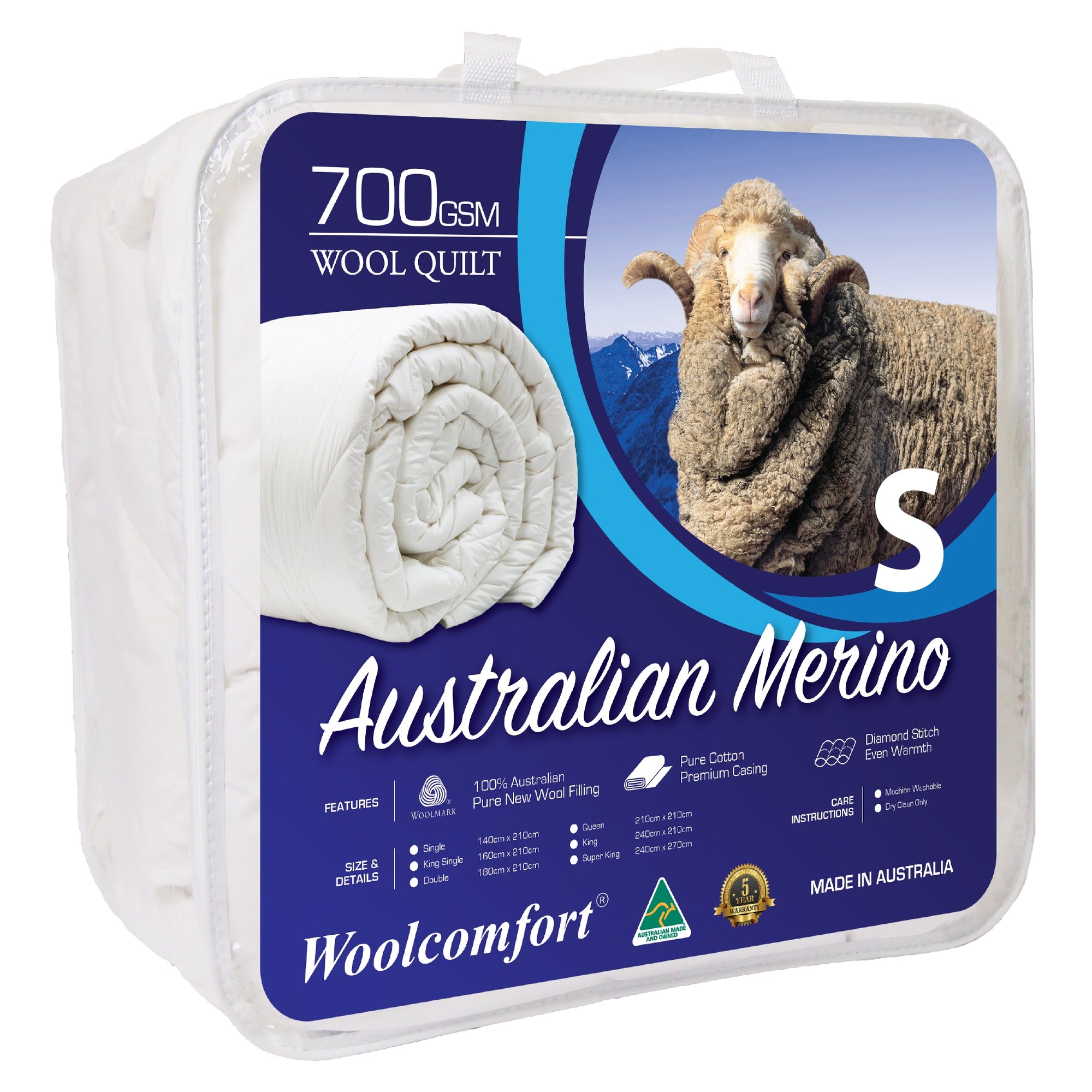 Woolcomfort Aus Made Merino Wool Quilt 700GSM - Single Size (140x210cm)