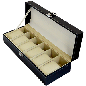 6 Slot Mens Watch Display Case Box Black PU Leather