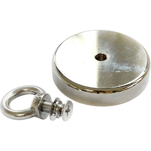 Round Neodymium Fishing Magnet with Countersunk Hole and Eyebolt, 500 LBS pull