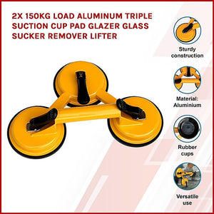 2x 150kg Load Aluminum Triple Suction Cup Pad Glazer Glass Sucker Remover Lifter