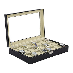 Watch Box - 24 Slot Luxury Display Case With Framed Glass Lid