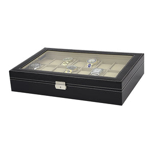Watch Box - 24 Slot Luxury Display Case With Framed Glass Lid