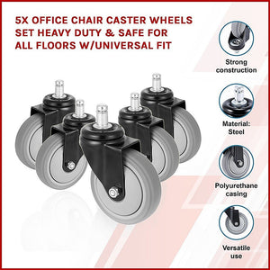 5 x Office Chair Caster Wheels Set Heavy Duty & Safe for All Floors w/Universal Fit