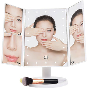 Makeup Mirror With LED Light Standing Mirror Magnifying Tri-Fold Touch