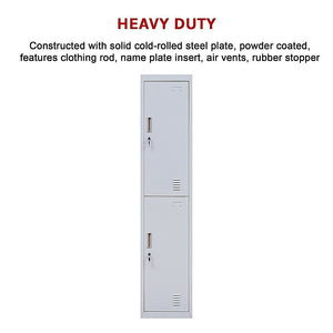 Standard Lock 2-Door Vertical Locker for Office Gym Shed School Home Storage Grey