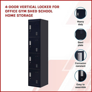 Standard Lock 4-Door Vertical Locker for Office Gym Shed School Home Storage Black