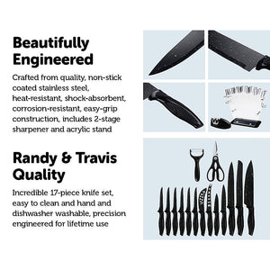 Kitchen 17 Pc Knife Set w/ Block & Sharpener Chef Bread Steak Knives