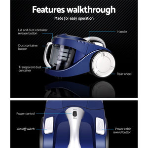 Devanti Vacuum Cleaner Bagless Cyclone Cyclonic Vac Home Office Car 2200W Blue