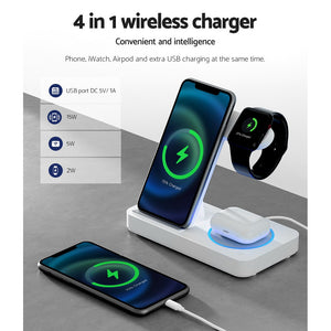 Devanti 4-in-1 Wireless Charger Dock Fast Charging for Phone | White