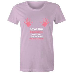 Women's Save The Boobies Don't Let Cancer Steal Second Base T-shirt