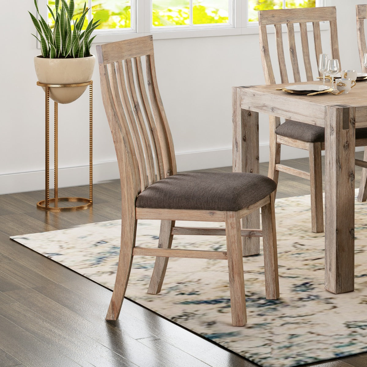 2x Wooden Frame Leatherette Dining Chairs | Solid Acacia Wood & Veneer | Oak Colour