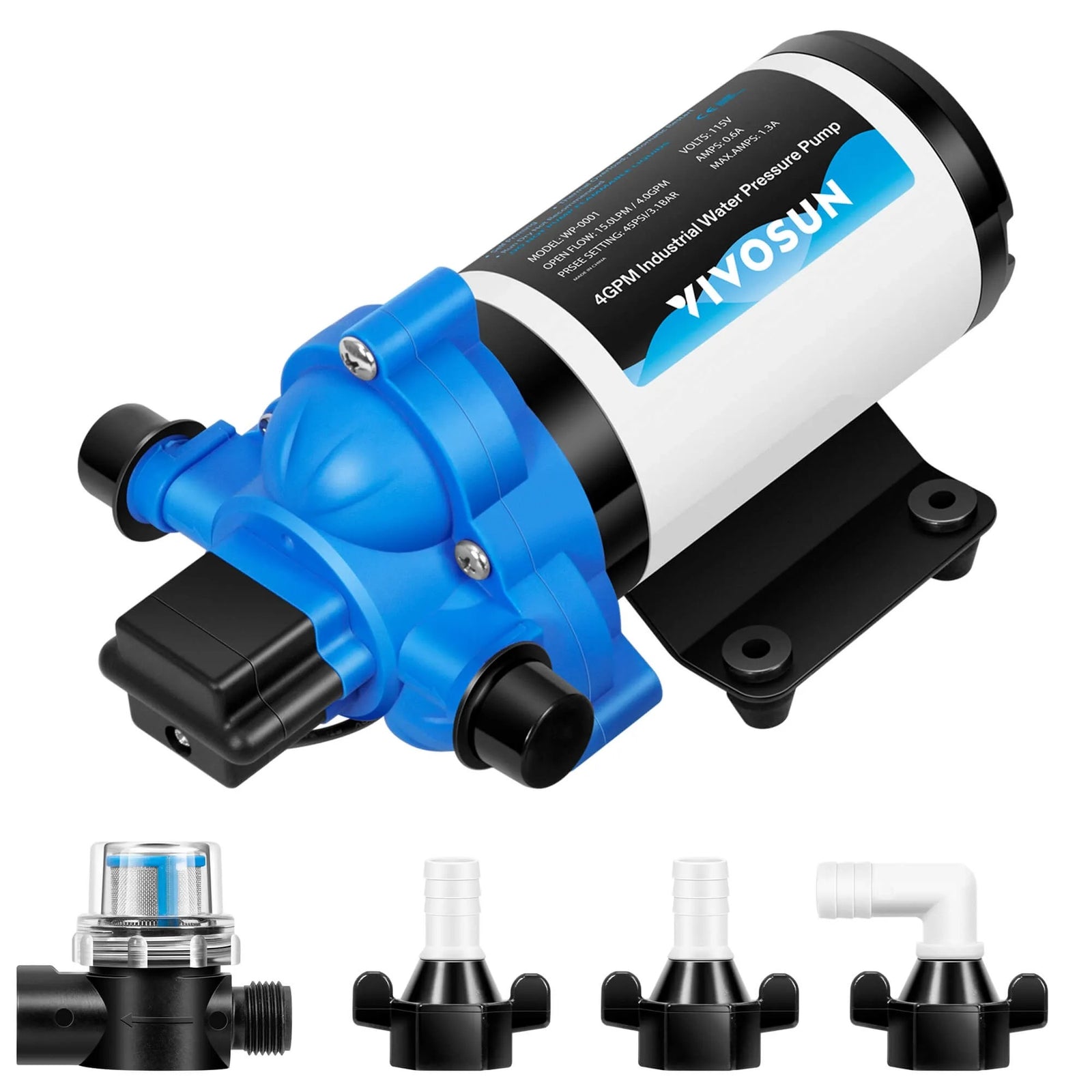 115VAC Water Pressure Pump | 4 GPM 45 PSI Diaphragm Pump with Thermal Protection & Strainer