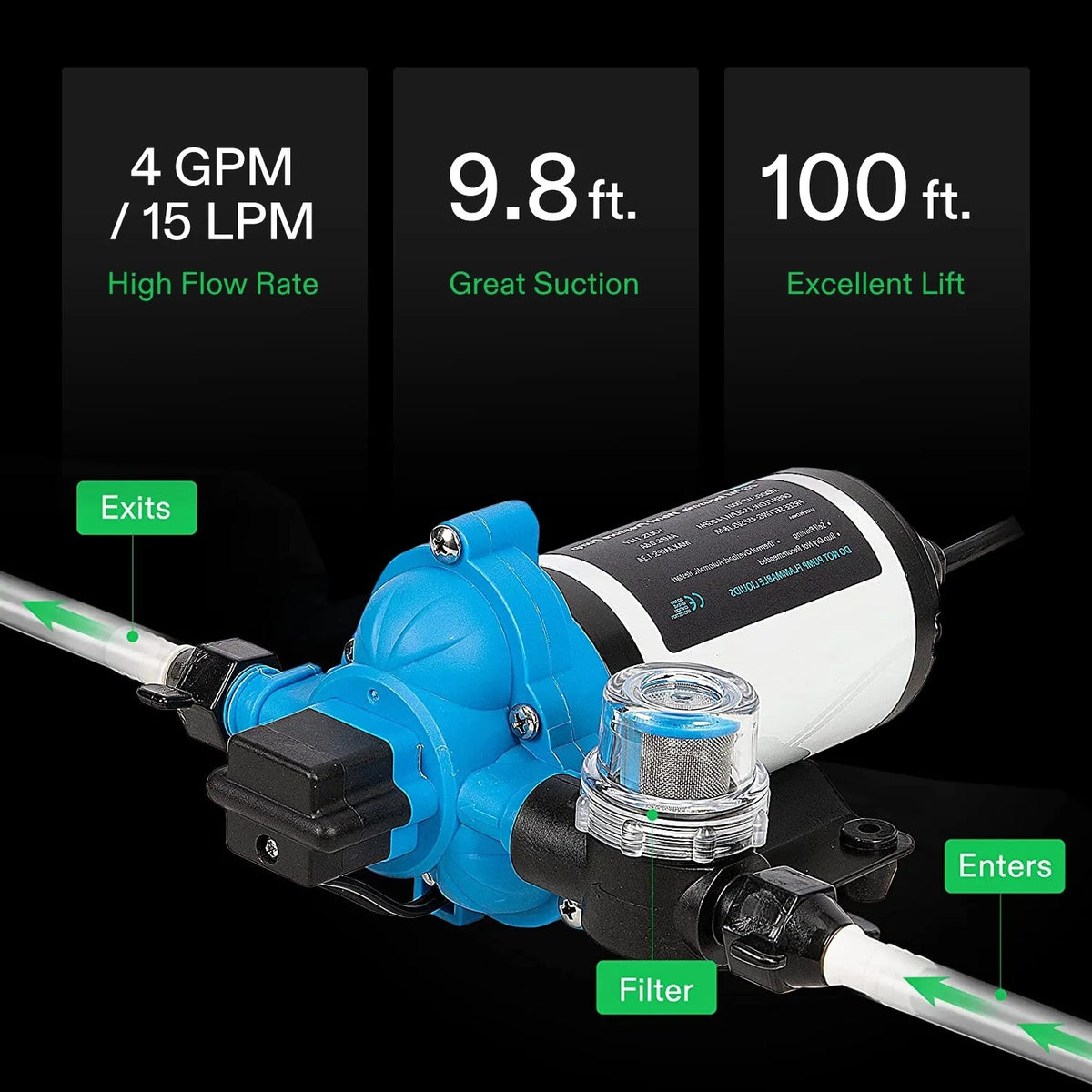 115VAC Water Pressure Pump | 4 GPM 45 PSI Diaphragm Pump with Thermal Protection & Strainer