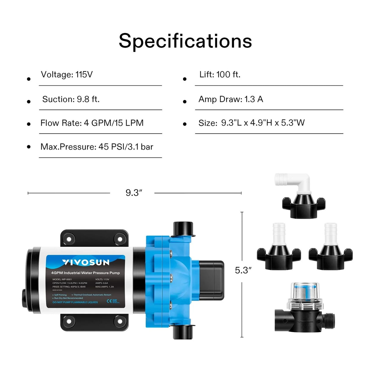 115VAC Water Pressure Pump | 4 GPM 45 PSI Diaphragm Pump with Thermal Protection & Strainer