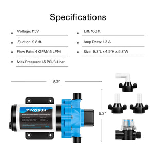 115VAC Water Pressure Pump | 4 GPM 45 PSI Diaphragm Pump with Thermal Protection & Strainer