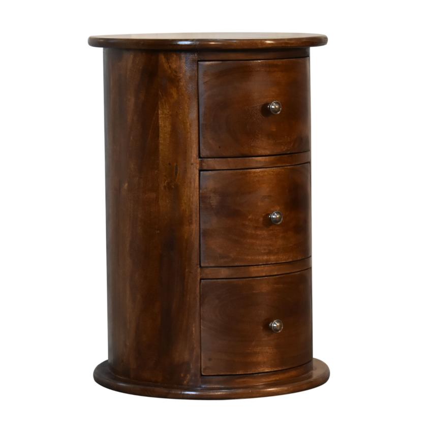 3 Drawer Chestnut Drum Bedside | Solid Mango Wood | Round Storage Table