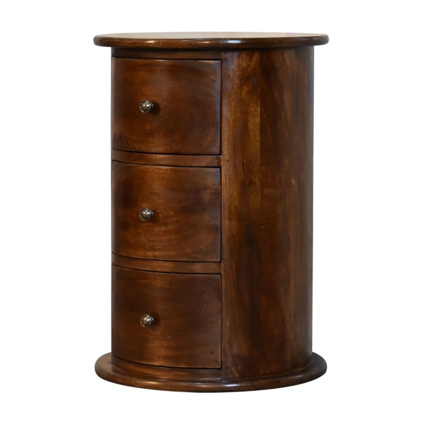 3 Drawer Chestnut Drum Bedside | Solid Mango Wood | Round Storage Table