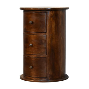 3 Drawer Chestnut Drum Bedside | Solid Mango Wood | Round Storage Table