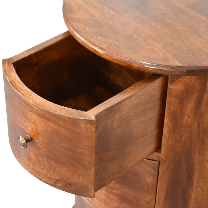 3 Drawer Chestnut Drum Bedside | Solid Mango Wood | Round Storage Table