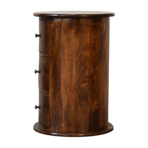 3 Drawer Chestnut Drum Bedside | Solid Mango Wood | Round Storage Table