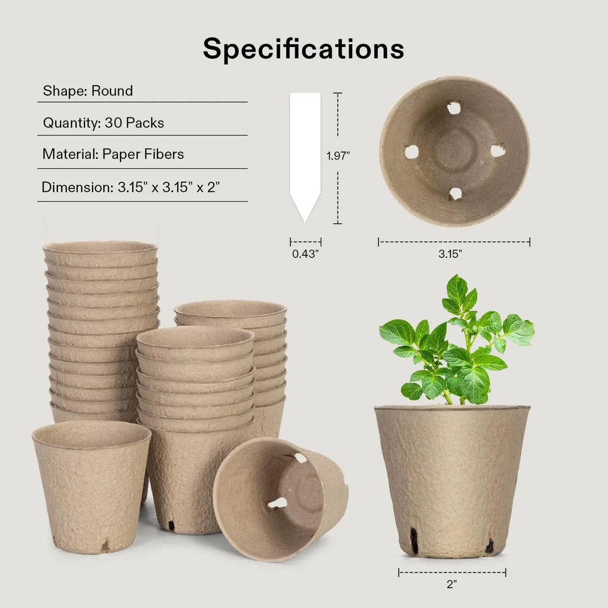 30-Pack Biodegradable Peat Pots | 3.15-Inch Round Seed Starting Pots with Drainage Holes + 20 Plant Labels