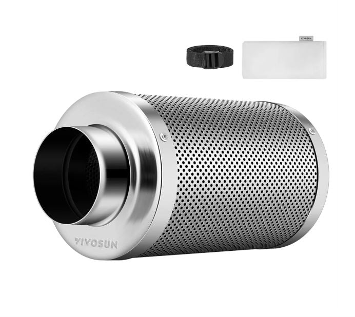 8″ Silver Carbon Filter | RC48 Virgin Charcoal | Odor Control for Grow Tents & Ventilation Systems | Intake & Exhaust Use | Includes Pre-Filter + Hanging Belt