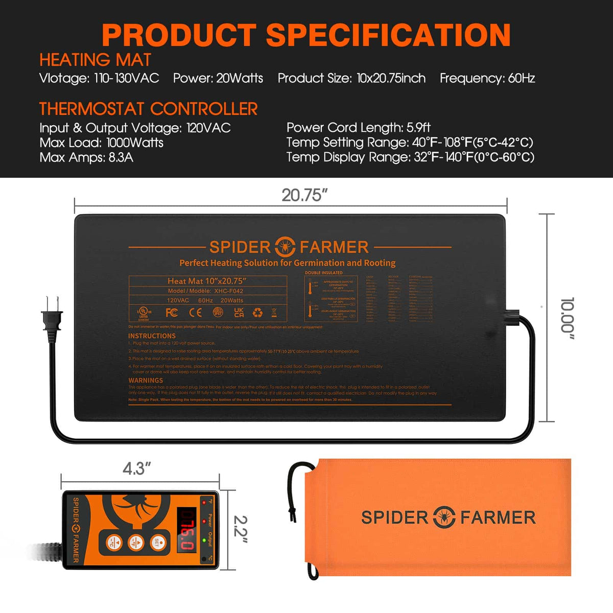 48 X 20cm Seedling Heat Mat With Temperature Control | Spider Farmer