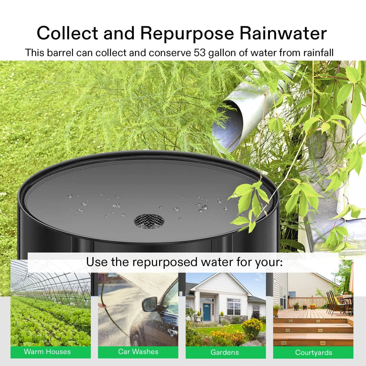 53-Gallon Collapsible Rain Barrel | Portable Water Storage Tank with Spigots, Overflow Kit & Accessories