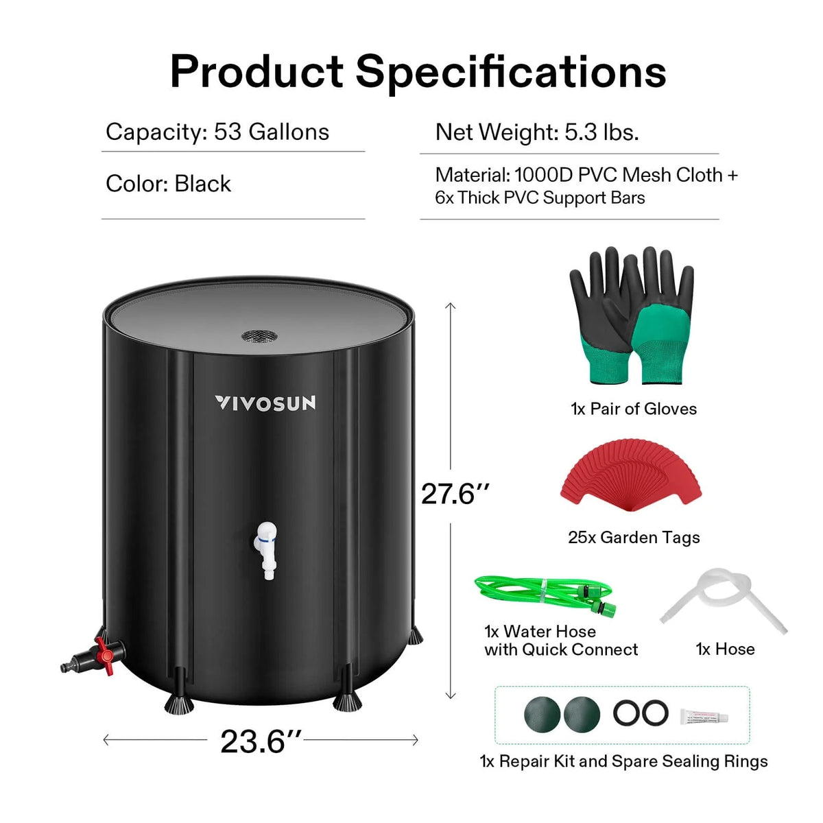 53-Gallon Collapsible Rain Barrel | Portable Water Storage Tank with Spigots, Overflow Kit & Accessories