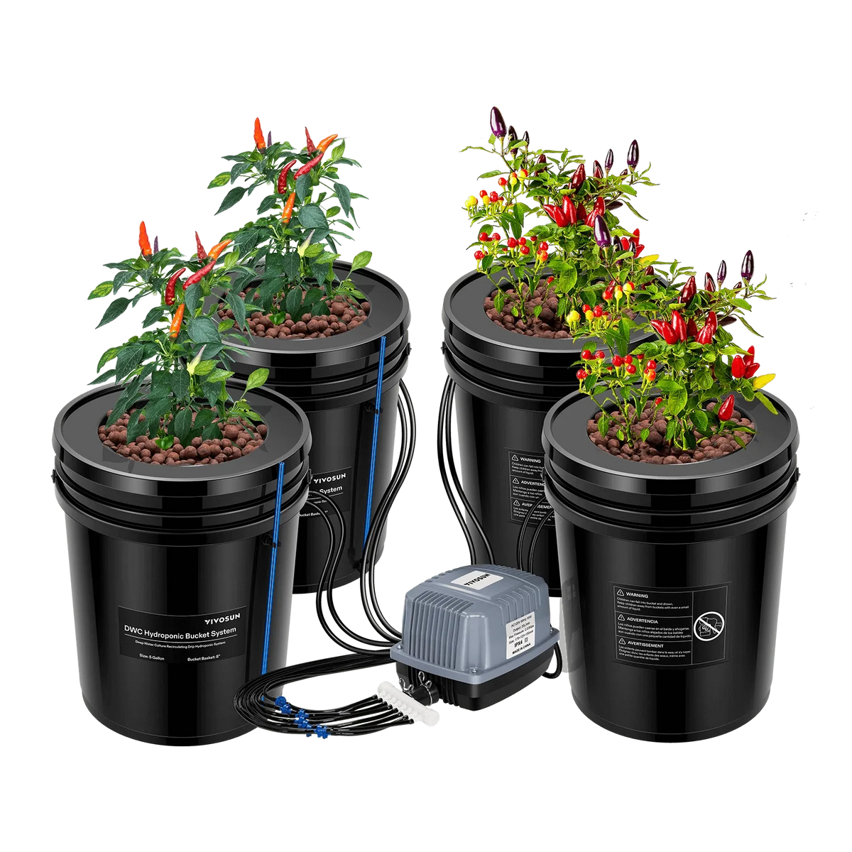 5 Gallon 4-Bucket DWC Hydroponic System Kit | Deep Water Culture + Drip Feed | Complete Recirculating Set with Air Pump, Clay Pebbles & Water Level Indicators