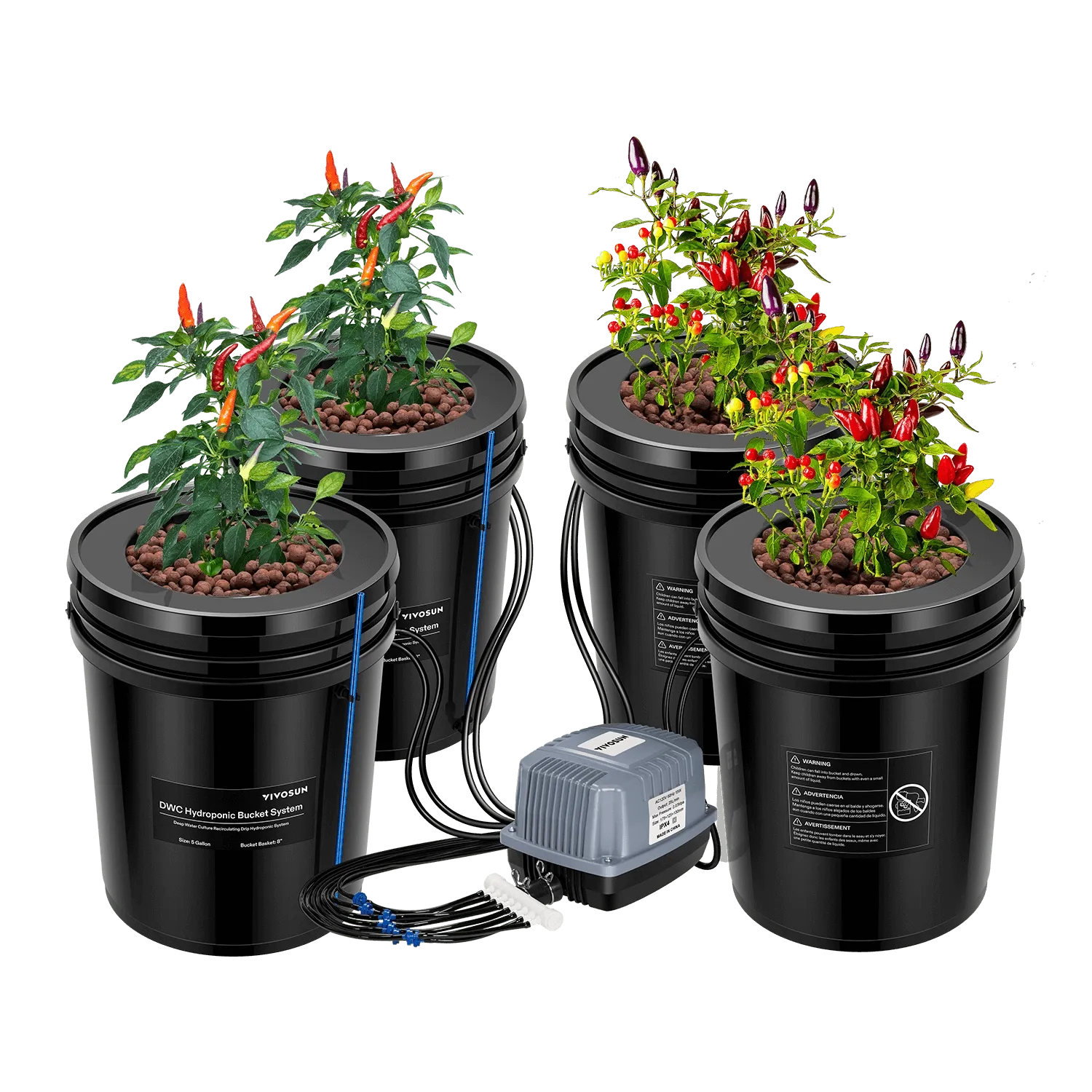 5 Gallon 4-Bucket DWC Hydroponic System Kit | Deep Water Culture + Drip Feed | Complete Recirculating Set with Air Pump, Clay Pebbles & Water Level Indicators