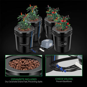 5 Gallon 4-Bucket DWC Hydroponic System Kit | Deep Water Culture + Drip Feed | Complete Recirculating Set with Air Pump, Clay Pebbles & Water Level Indicators