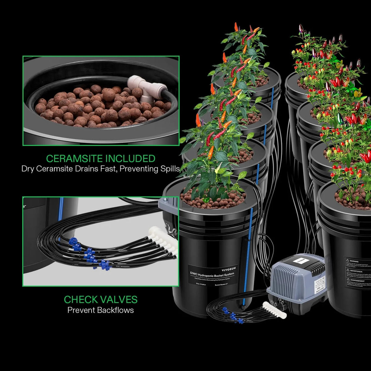 5 Gallon 8-Bucket DWC Hydroponic System Kit | Deep Water Culture + Drip Feed | Complete Recirculating System with 60L/min Air Pump, Clay Pebbles & Water Level Indicators