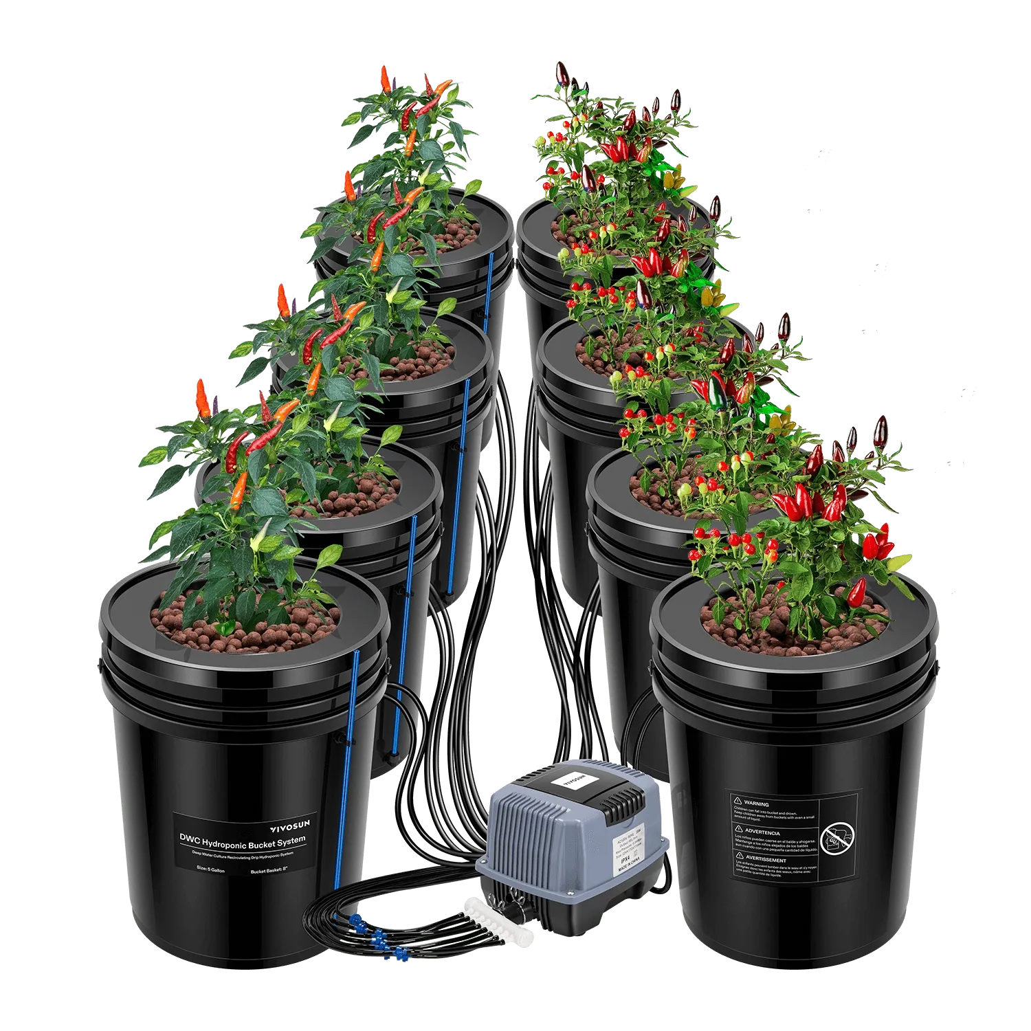 5 Gallon 8-Bucket DWC Hydroponic System Kit | Deep Water Culture + Drip Feed | Complete Recirculating System with 60L/min Air Pump, Clay Pebbles & Water Level Indicators