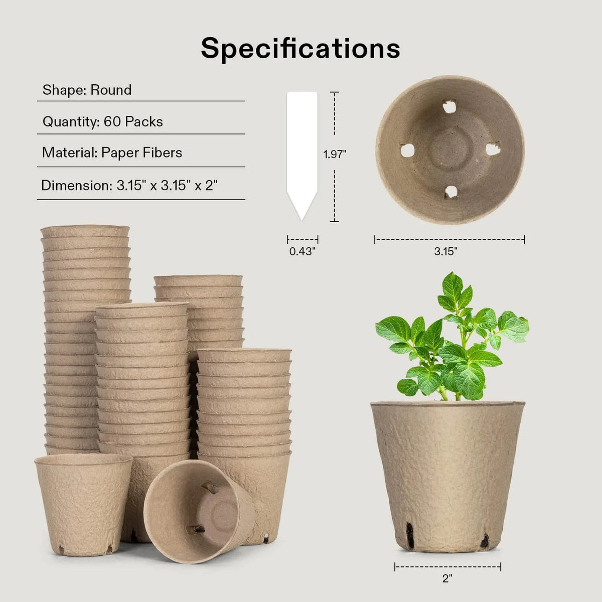 60-Pack Biodegradable Peat Pots | 3.15-Inch Round Seed Starting Pots with Drainage Holes + 20 Plant Labels (Copy)