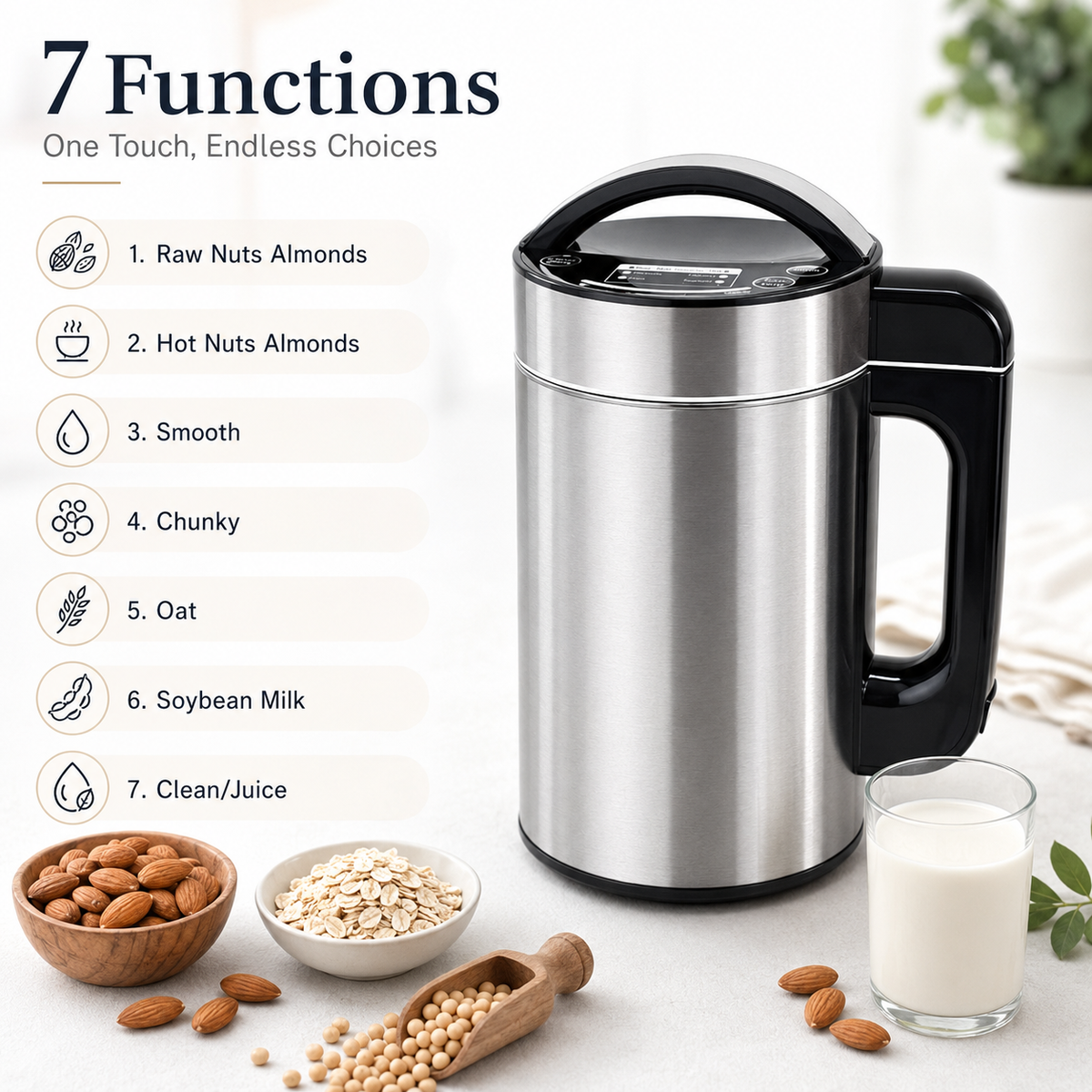 7-in-1 Stainless Steel Plant Milk Maker | Soy, Oat, Almond, Nut Milk & Soup Machine