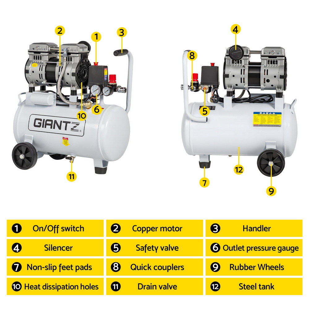 Quiet Air Compressor | 24L | 0.75HP Oil-Free | 40L/min Tyre Inflator