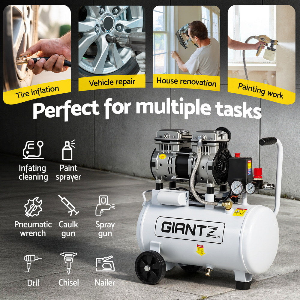 Quiet Air Compressor | 24L | 0.75HP Oil-Free | 40L/min Tyre Inflator